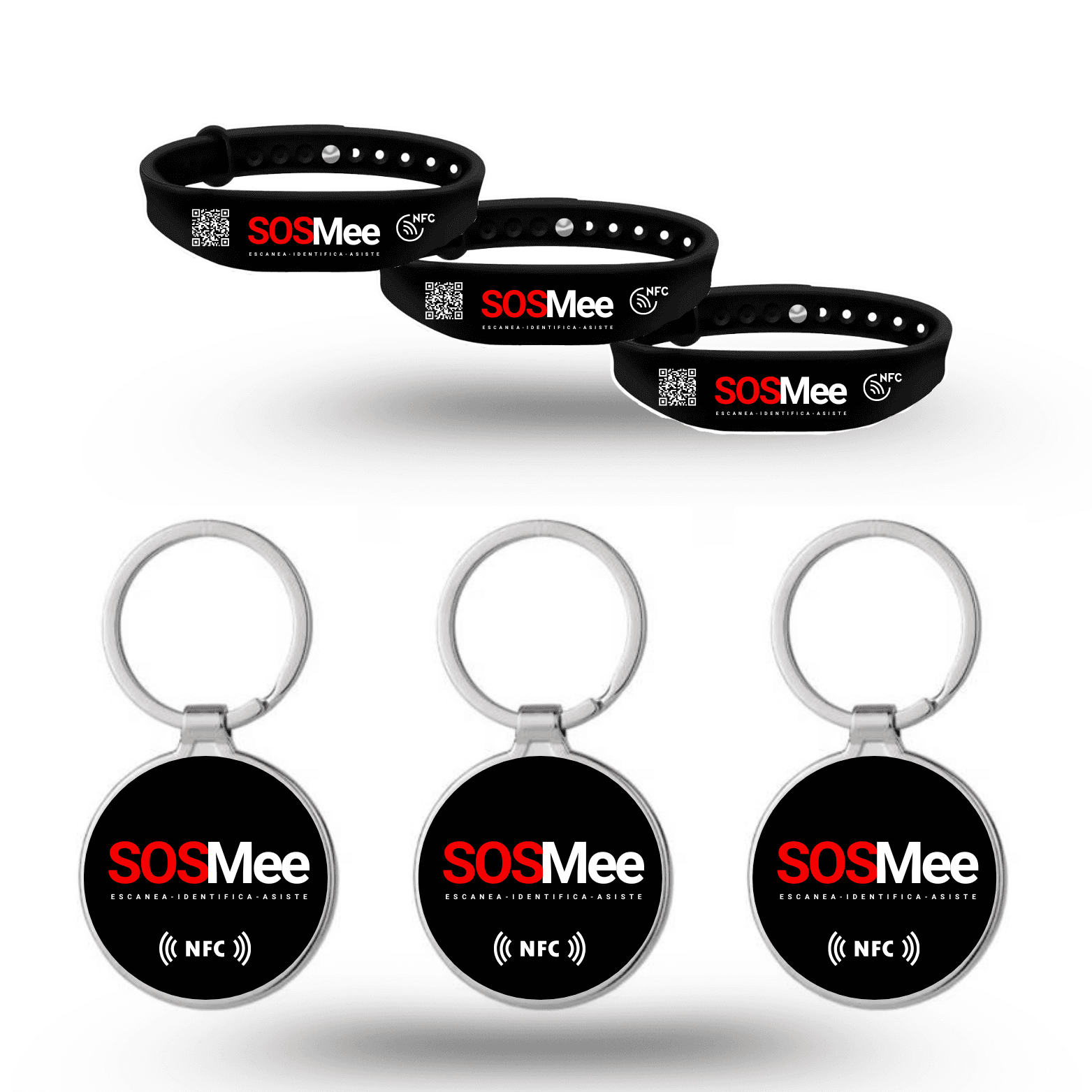 Pack familiar SOSMee con tres pulseras Band y tres llaveros Tag.