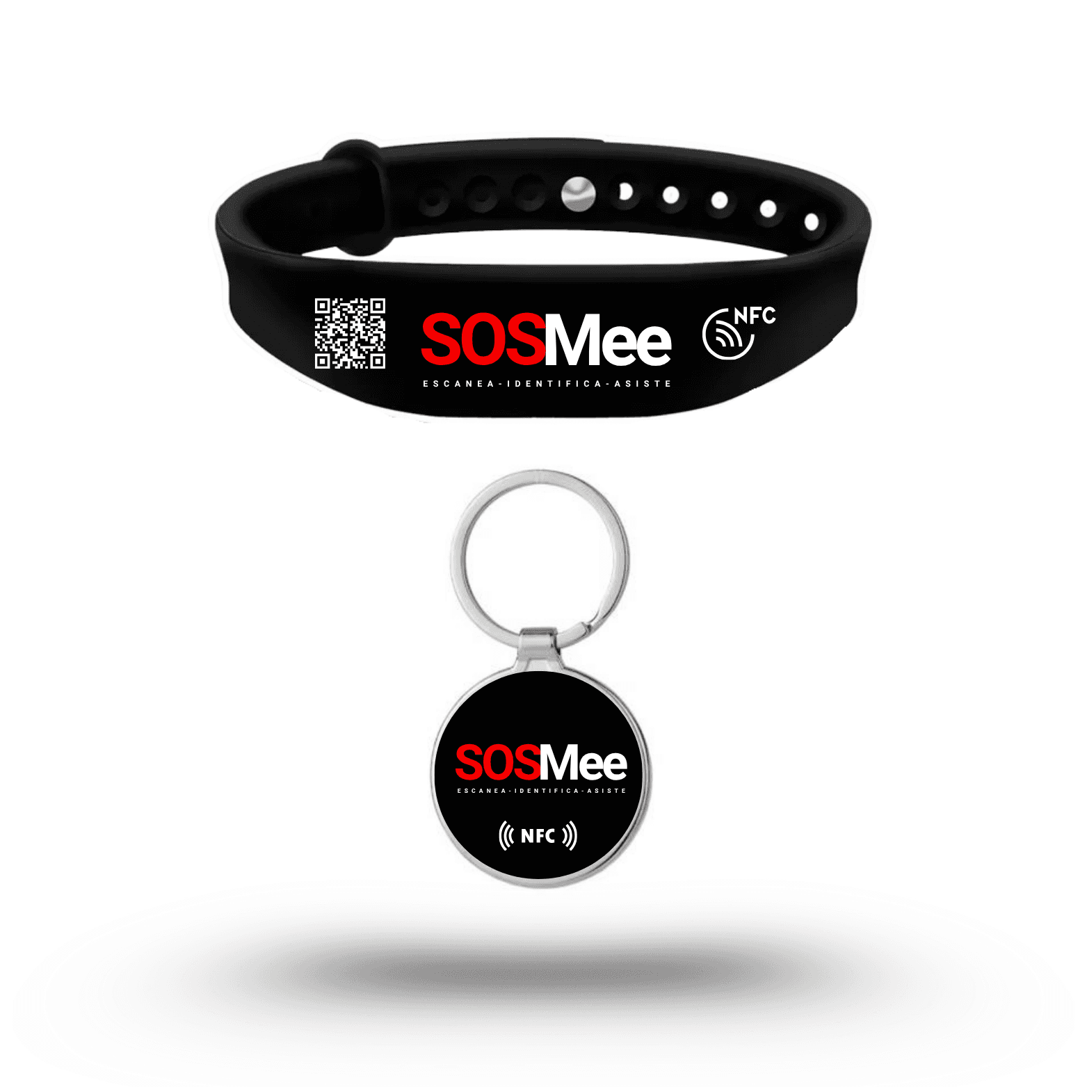 Pack de productos SOSMee incluyendo una pulsera Band y un llavero Tag.