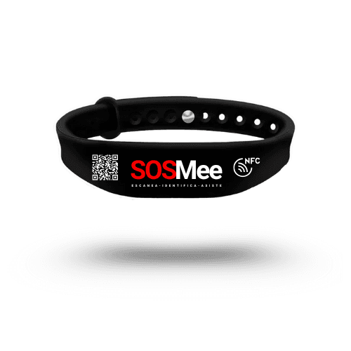 Pulsera de emergencia SOSMee Band con NFC y QR, color azul, vista de frente.
