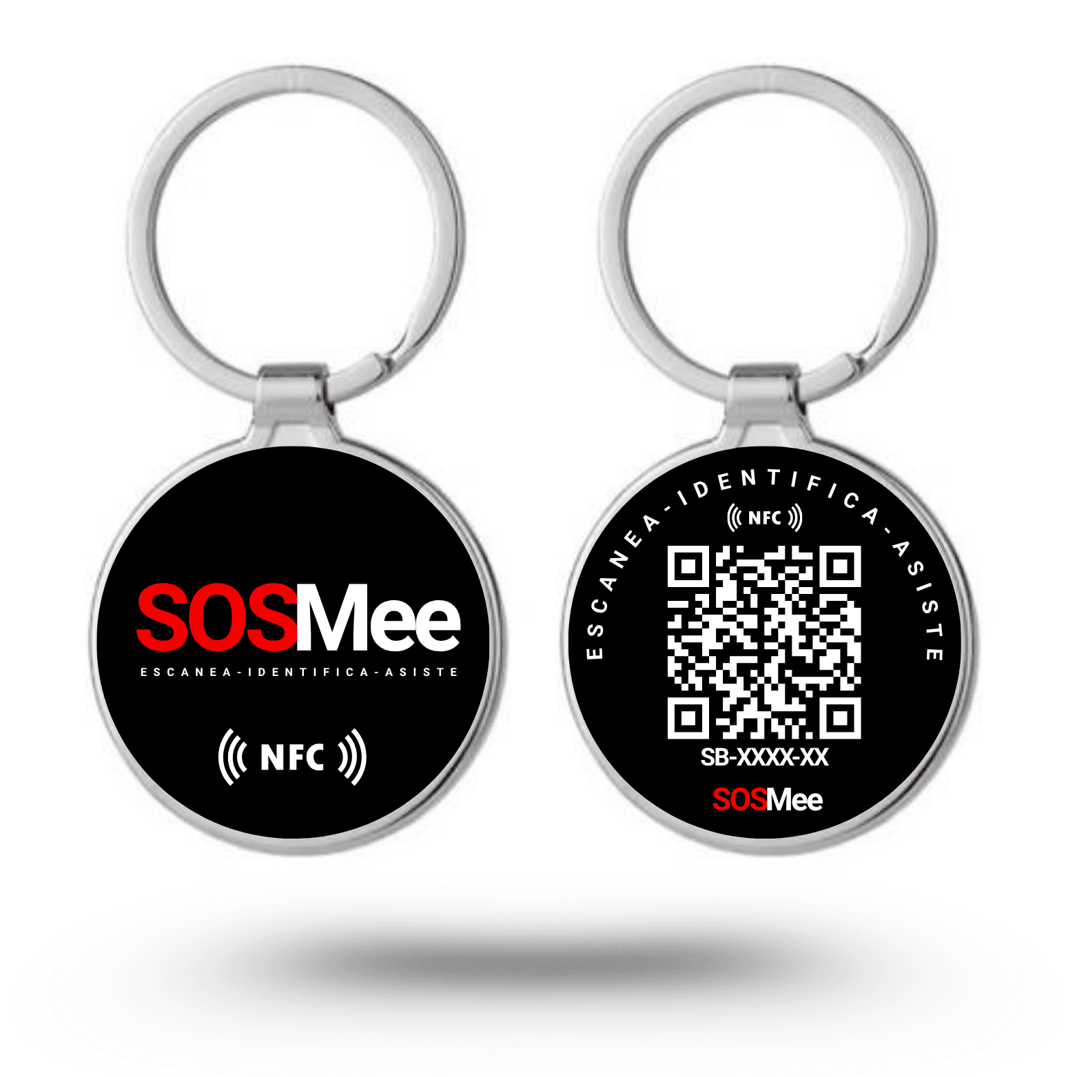 Llavero inteligente SOSMee Tag para mascotas u objetos, con tecnología NFC y QR.